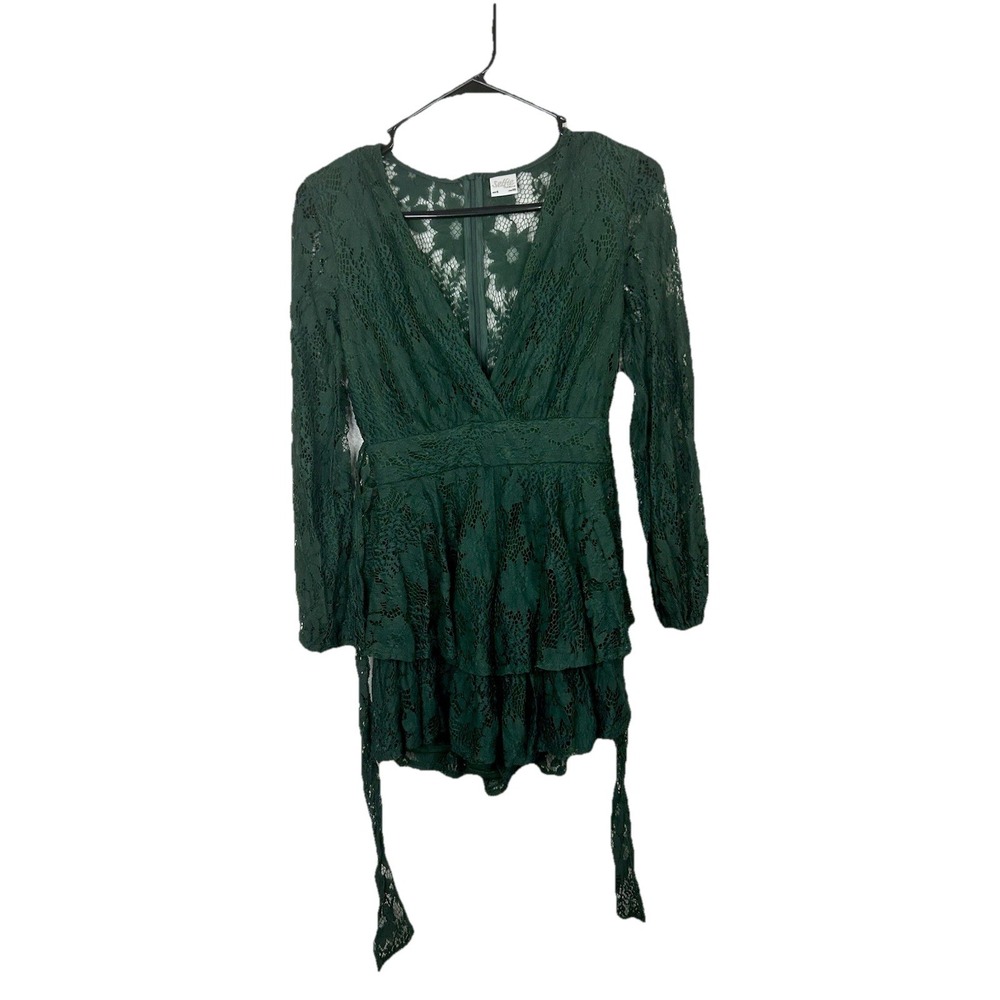 Selfie Leslie Emerald Green Lace Romper XS Long Sleeve Tiered Ruffle V-Neck Boho
